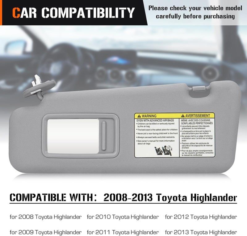 AEagle Left & Right Sun Visor with Light for 2008-2013 Toyota Highlander, Driver & Passenger Side Gray Sunvisor Replacement 74320-48500-B0 74320-0E050-B0 - Image 2